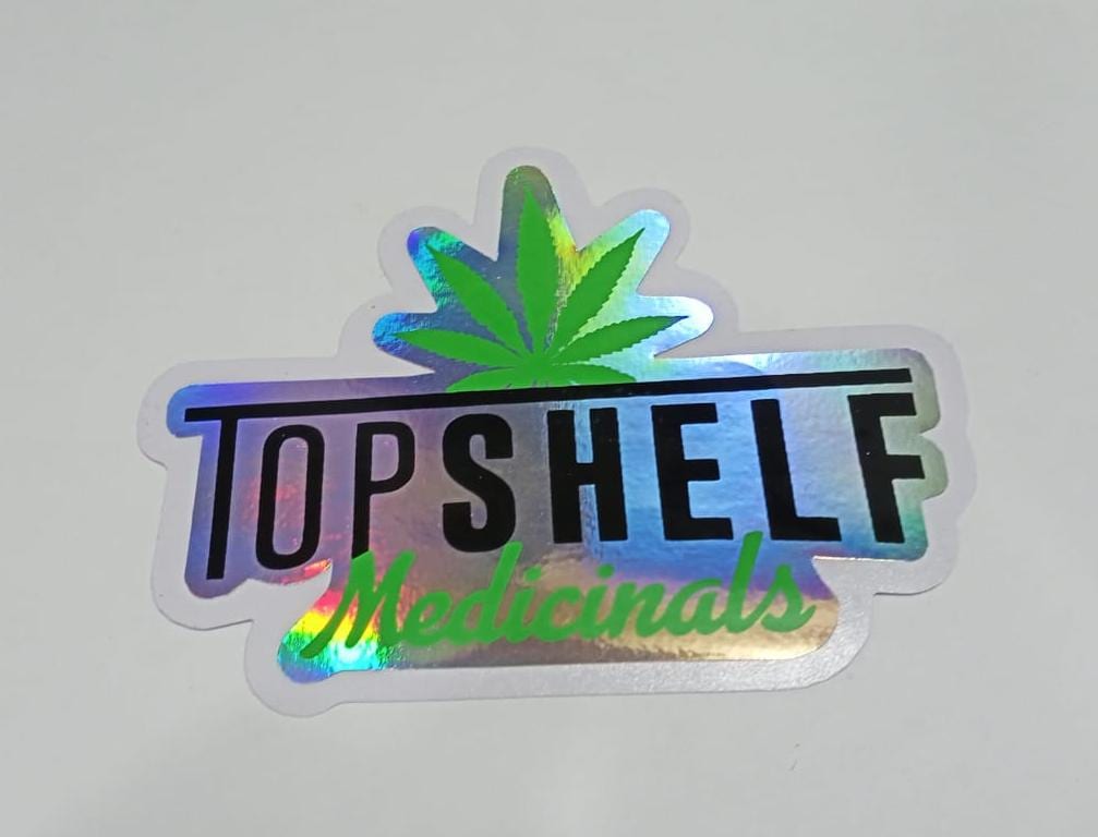 Custom holographic dispensary stickers Top Shelf Medicinals